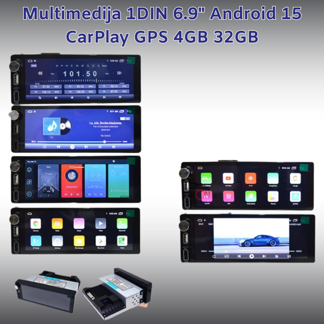 Multimedija 1DIN 6.9" Android 15 CarPlay GPS 4GB 32GB