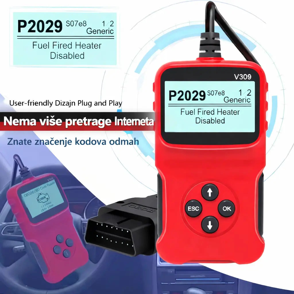 V309 OBD2 dijagnostika – ekran sa greškama