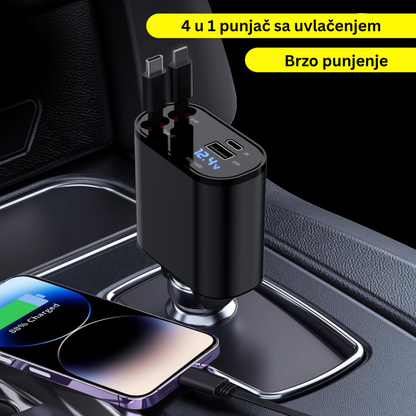 Auto Punjač sa Uvlačenjem Kablova 4 u 1